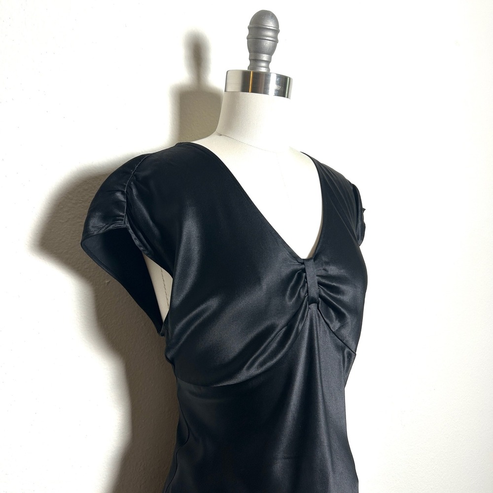 Alfani Black 100% Silk Satin V-Neck Ruched Cap Sleeve Top Vintage Y2K Women 4
